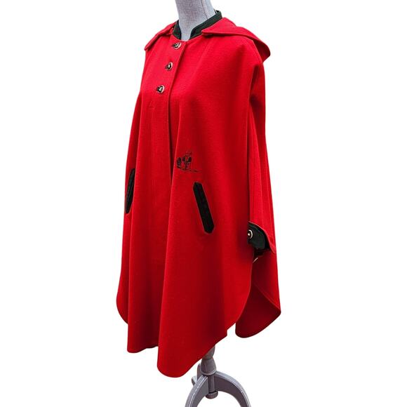 VTG 1970s Salzburg Austria Red Wool Cape Cloak Hooded Embroidered 38 - Picture 14 of 16